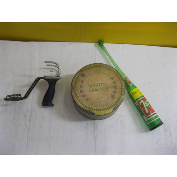 MARTIN CRACKER TIN, SLINGSHOT W/ NO RUBBER & UNIQUE 7UP BOTTLE