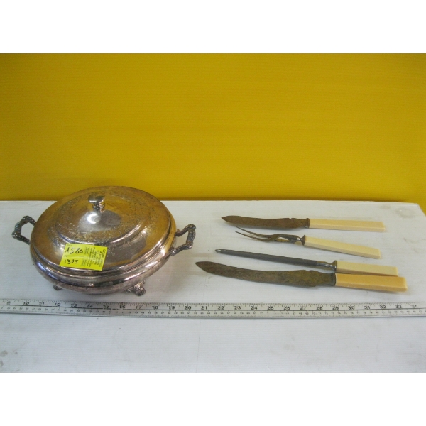 CARVING KNIFE SET & SILVERPLATE GLASS LINED TUREEN