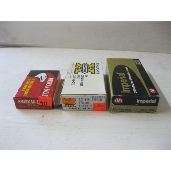 3 BOXES OF CARTRIDGES - .223, 32WIN SPECIAL (16), 22- 250REM