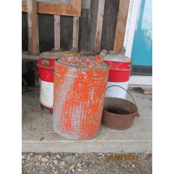 3 TINS - FUEL CAN & 2 ESSO CANS & CAST IRON POT