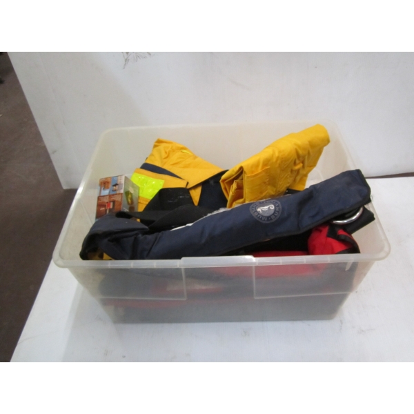 2 SELF INFLATING LIFE VESTS & SAILING WEATHER GEAR, ETC.