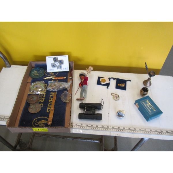 MISC. BINOCULARS, SM. KNIVES, PINS, COINS, ETC.