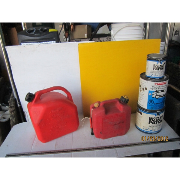 2 BOXES OF ROOF REPAIR & JERRY CANS