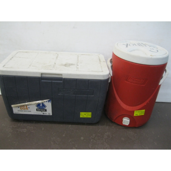 COLEMAN COOLER & A COLEMAN DRINKING WATER JUG