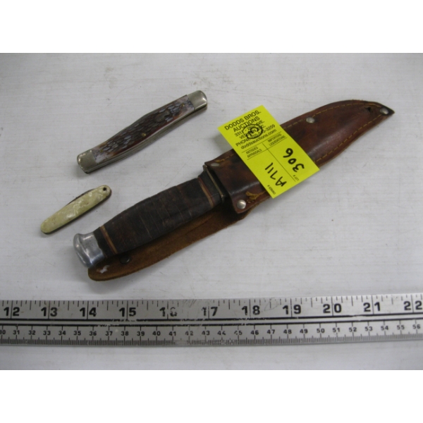 KNIFE W/SHEATH & 2 FOLDING POCKET KNIVES