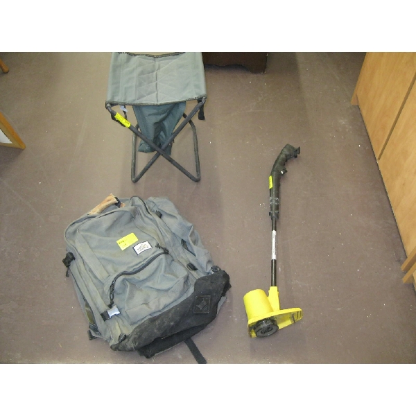 BACKPACK, FOLDING CHAIR & A SM. WEED EATER