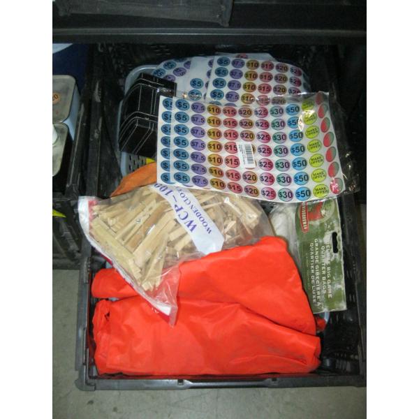 BIN OF MISC:  WOODEN CLOTHESPEGS, TIE DOWN, RAINGEAR, ETC.