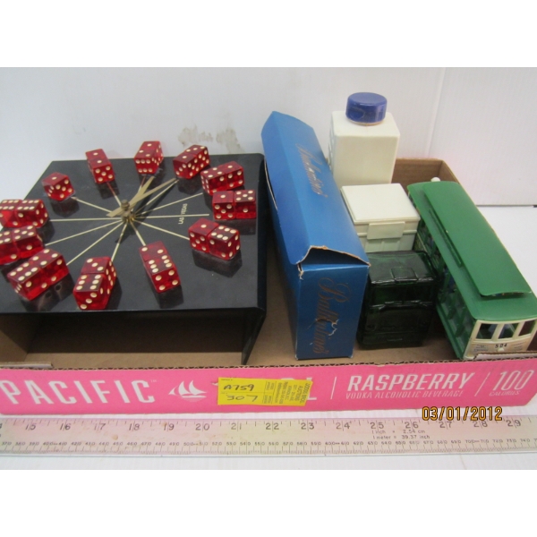 TRAIN CARS, DICE CLOCK, A TRAIN CAR, ETC.