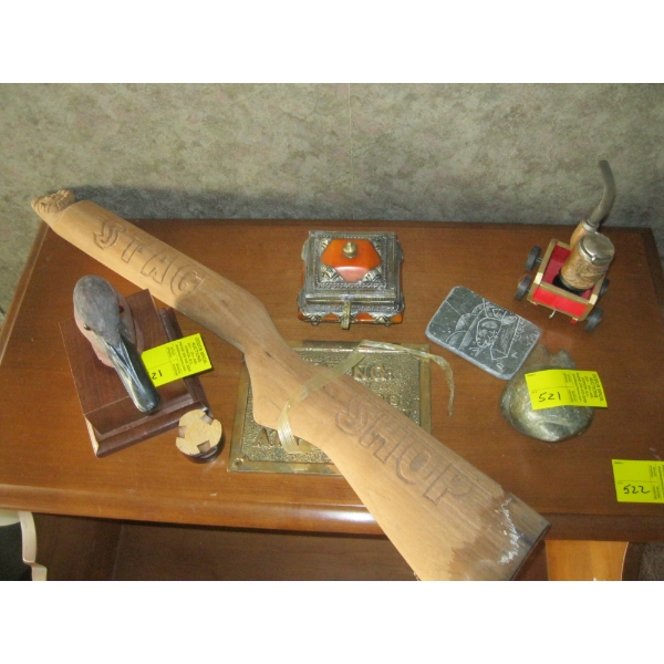 MISC. DECORATIVE LIDDED DISH, WOOD STOCK PIPE, ETC.