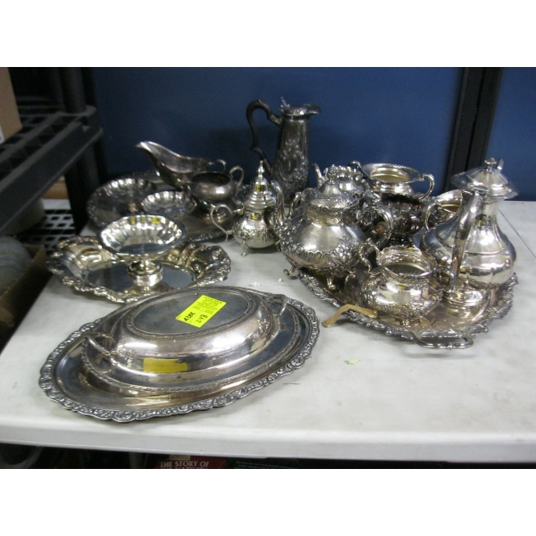 ASST. SILVER PLATE TEAPOTS, PLATTERS, CREAM & SUGAR, ETC.