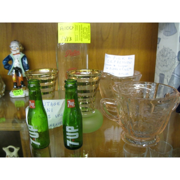 COLLECTABLES: DEPRESSION GLASS CREAM & SUGAR, CREAM BOTTLE, ETC.