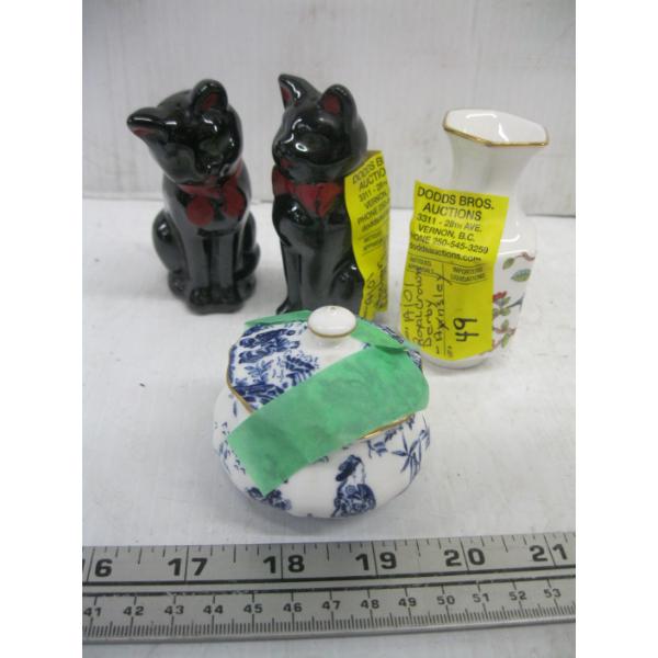 2 CATS, ROYAL ALBERT CROWN DERBY VASE & SM. LIDDED DISH