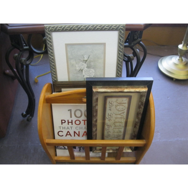 WOOD MAGAZINE STAND W/ASST. PICTURES & A BOOK