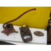 Image 2 : WOODEN CRATE W/ASST. SAUSAGE STUFFER, CARVED MASK & SAD IRON