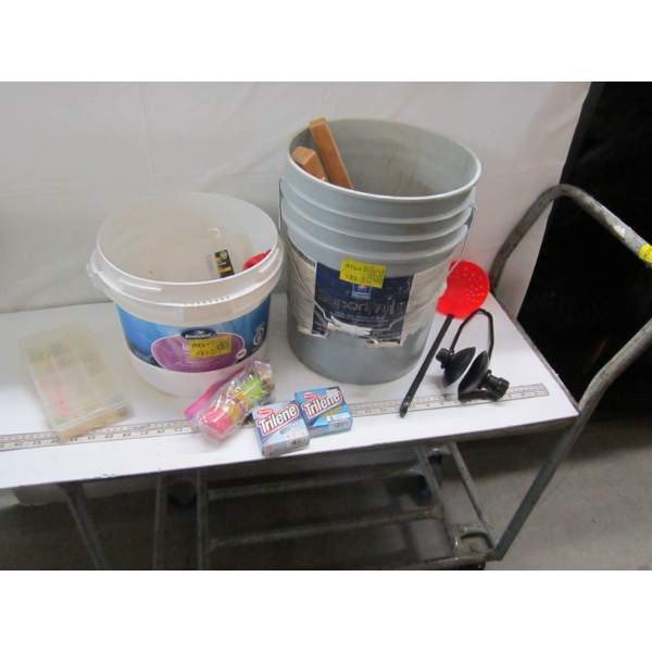 2 BUCKETS W/ASST. FISHING ITEMS, MOTOR MUFFS, ETC.