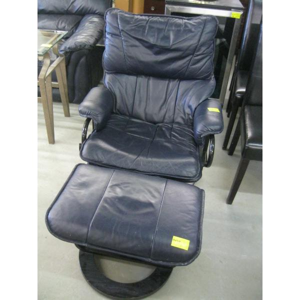 BLUE LEATHER SWIVEL CHAIR & FOOTSTOOL