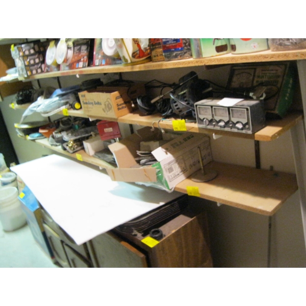 2 SHELVES OF MISC. SAWBLADES, MITER BOX, SWR TESTER, ANTENNAES, SANDPAPER, ETC.