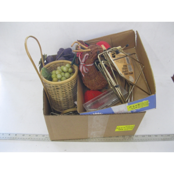 2 BOXES OF MISC. ARTIFICIAL FRUIT, BASKETS, BOOKENDS, ETC.