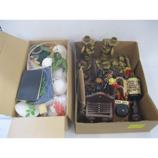 2 BOXES OF MISC. CRAFTING ITEMS, CHERUB CANDLEHOLDERS, VINTAGE FIGURINES, ETC.