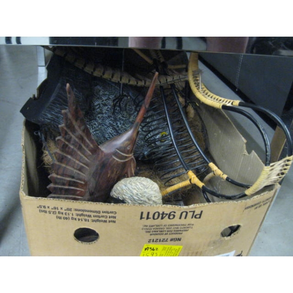 BOX W/MISC: DINOSAUR, CD STAND, CERAMIC PLATE, FISH, CARVED HEAD