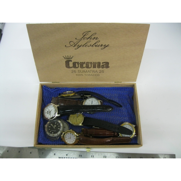 CIGAR BOX W/MISC. WATCHES - RUNNING CONDITION UNKNOWN