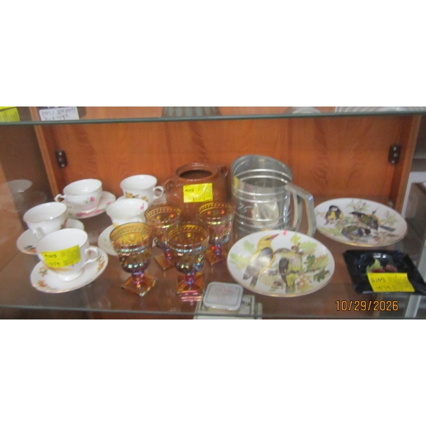 MISC. CHINA TEACUPS/SAUCERS, CARNIVAL GLASS, COLLECTOR PLATES, MOORCROFT ASHTRAY