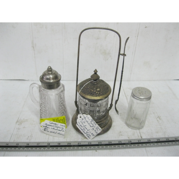 VINTAGE GLASS CREAMER, PICKLE JAR & SHAKER