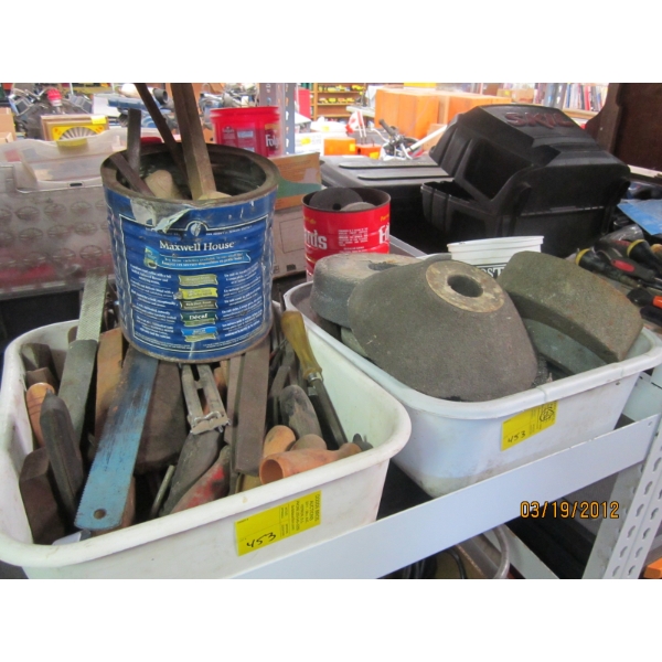 2 BINS OF MISC. FILES, GRINDING WHEELS, CHISELS, ETC.