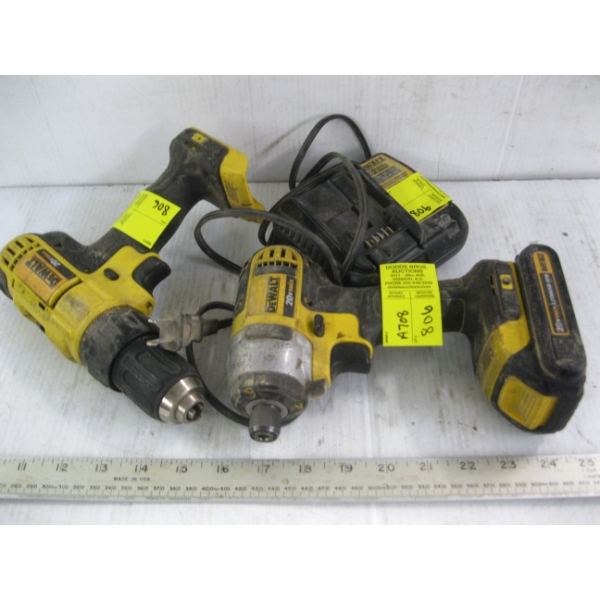 DEWALT 20V CORDLESS IMPACT GUN, DRILL, CHARGER & BATTERY