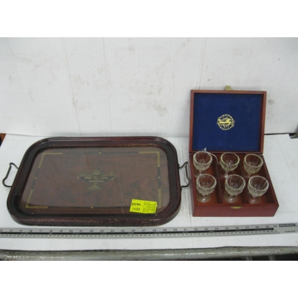 CASED BOX W/6 GLASS EGG CUPS & GLASS SERVING TRAY