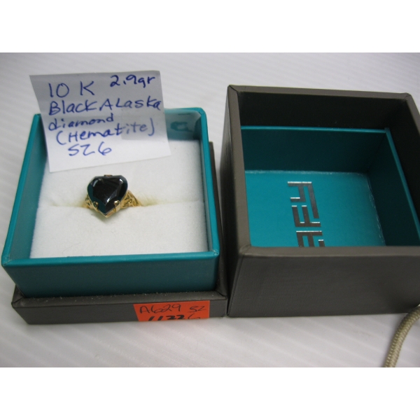 10KT BLACK ALASKA DIAMOND HEMATITE RING, 2.9G, SZ 6
