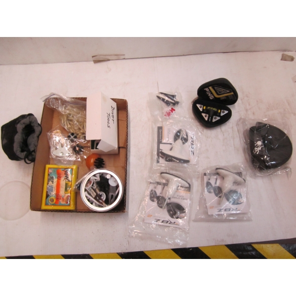 BOX OF ASST. GOLFING ITEMS - Ts, WEIGHTS, ETC.