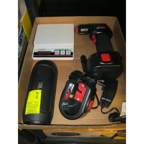 BOX OF MISC. AIR INFLATOR, JBL SPEAKER & SUNBEAM SCALE
