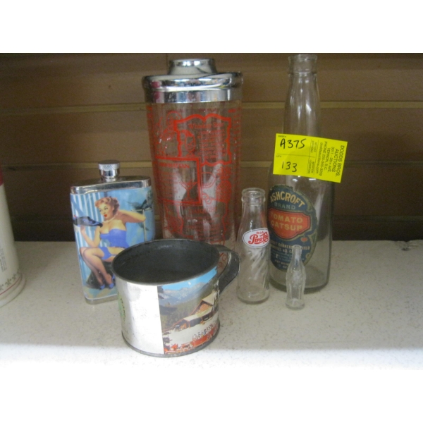 COLLECTABLE BOTTLES, DRINK SHAKER, FLASK, ETC.