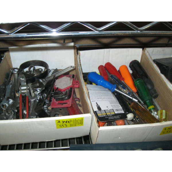 2 BOXES MISC. WRENCHES, SCREWDRIVERS, ETC.