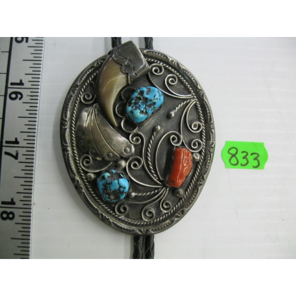 SILVER TURQUOISE & CORAL STONES W/NAIL NAVAJO BOLO TIE, STAMPED H