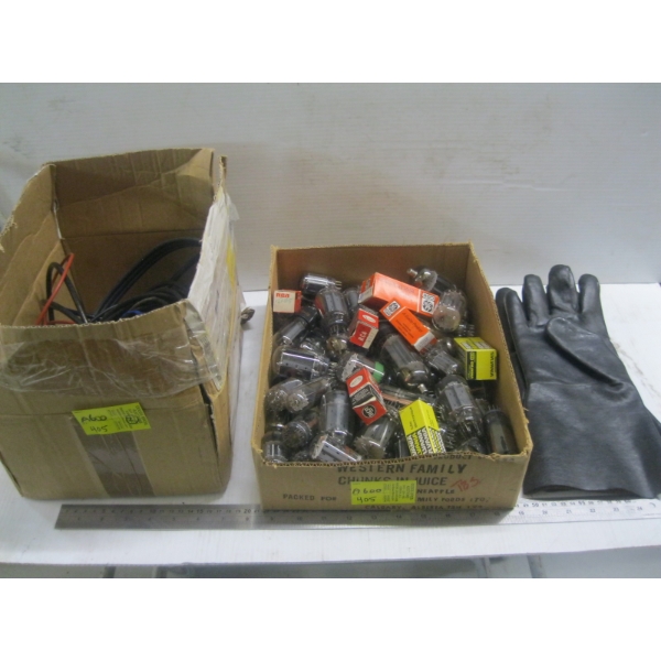 2 BOXES OF ASST. TUBES, ELECTRONIC CABLES & PARTS