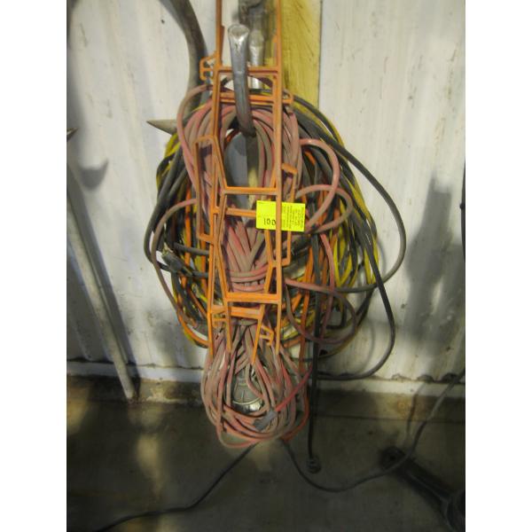 LOT OF ASST'D EXTENSION CORDS, TROUBLE LIGHT, ETC.