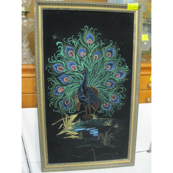 FRAMED OIL ON VELVET PICTURE OF PEACOCK