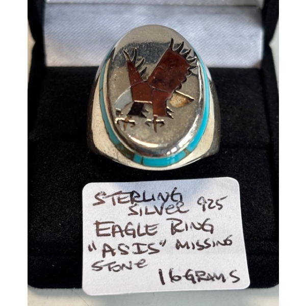 "AS IS" STERLING SILVER .925 EAGLE RING,  MISSING STONE, 16G, SZ 8.5