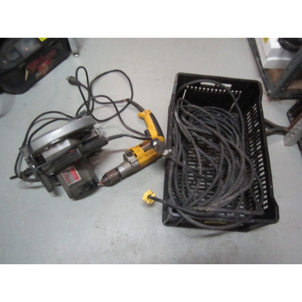 BIN OF MISC. DEWALT DRILL, SKILSAW, EXTENSION CORD