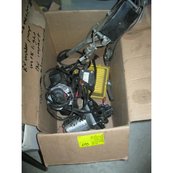 MISC. CABLE COME A LONG, 1/2" 12V IMPACT GUN, RV PUMP, ETC.