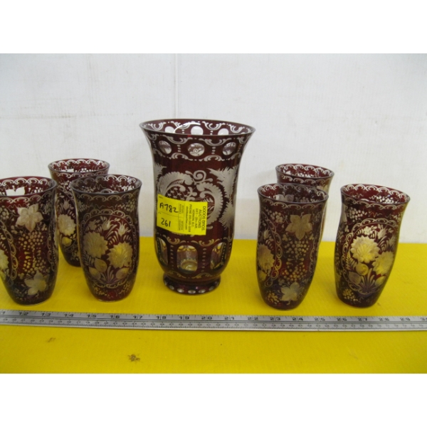 CRANBERRY GLASS CRYSTAL VASE & 6 CRYSTAL GLASSES