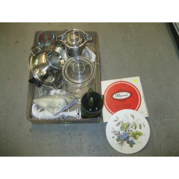 LG. BOX OF MISC. KNIVES, MIXER, CANNISTERS, ETC.