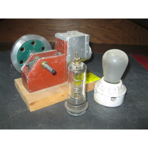 SM. HOMEMADE MOTOR, NEON SIGN GLASS HEAT RESISTOR, SM. BULB & GREEN HEAT GUN