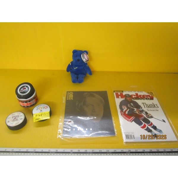 SM. LOT OF HOCKEY COLLECTABLES - PUCKS, BOOKS & A BEAR
