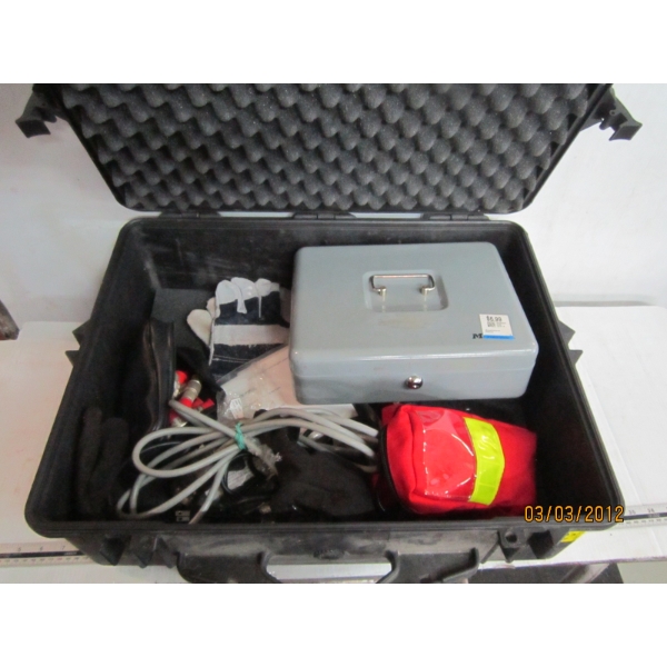 PLASTIC BOX W/MISC. METAL LOCKBOX, ASST. FITTINGS, ETC.