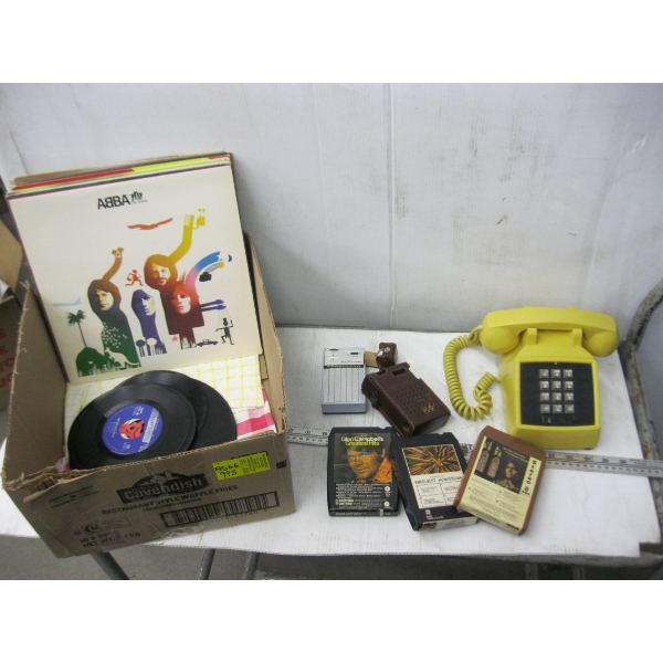 MISC. RECORDS, TELEPHONE, 8 TRACKS, VINTAGE TRANSISTOR RADIO, ETC.