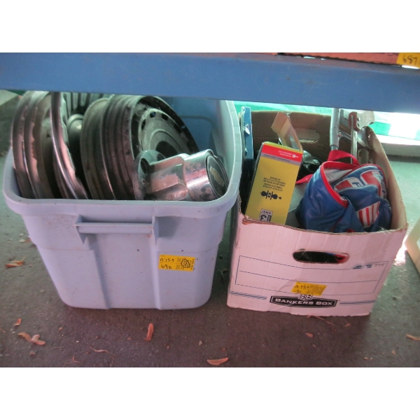 HUBCAPS & BOX OF MISC. CASTORS, HACKSAWS, ETC.