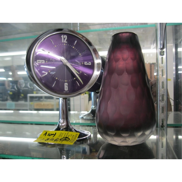 PURPLE BIG BEN CLOCK & A PURPLE GLASS VASE